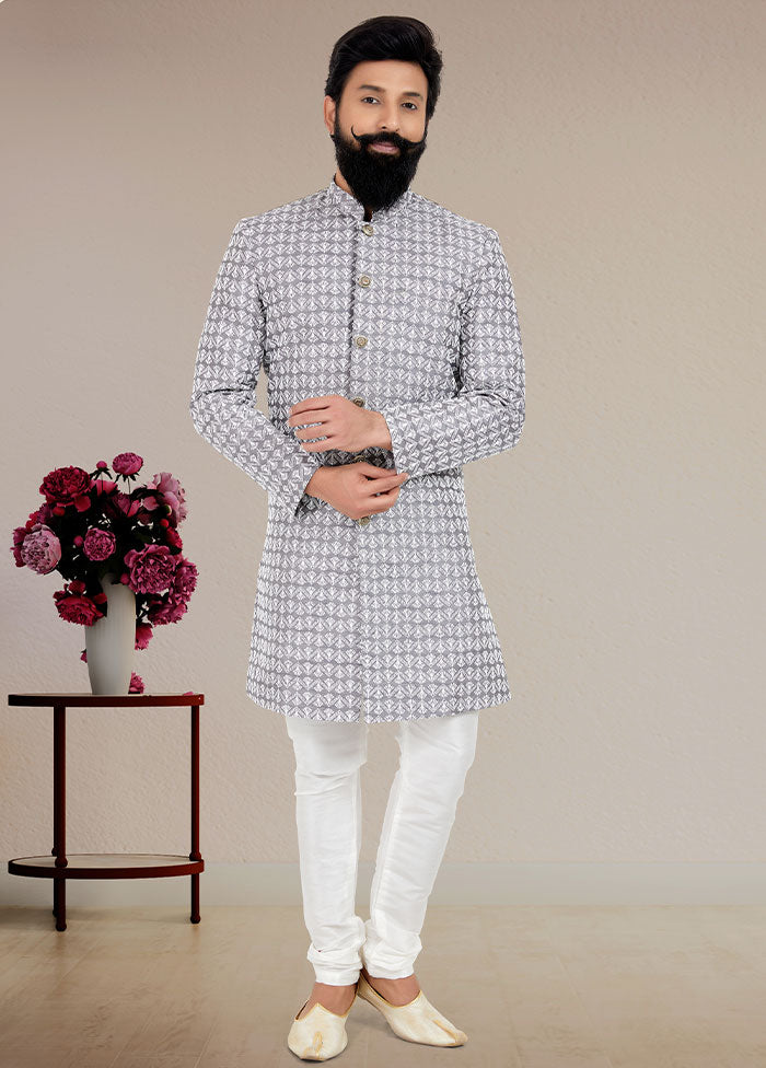2 Pc Grey Dupion Silk Kurta And Pajama Set - Indian Silk House Agencies