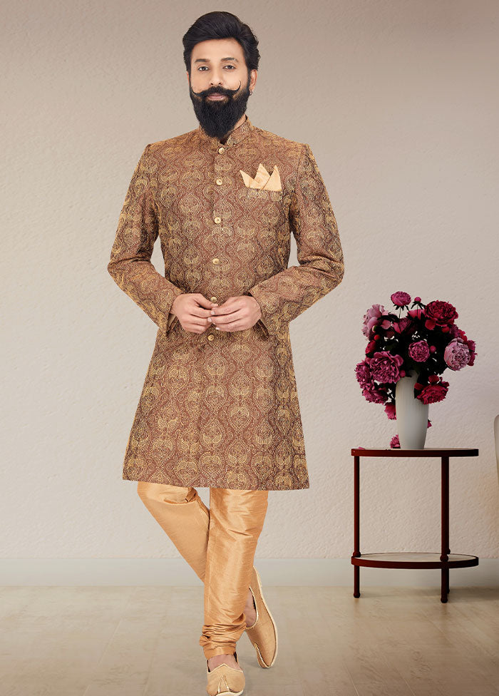 2 Pc Brown Dupion Silk Kurta And Pajama Set - Indian Silk House Agencies