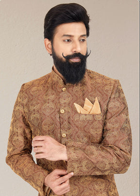 2 Pc Brown Dupion Silk Kurta And Pajama Set - Indian Silk House Agencies