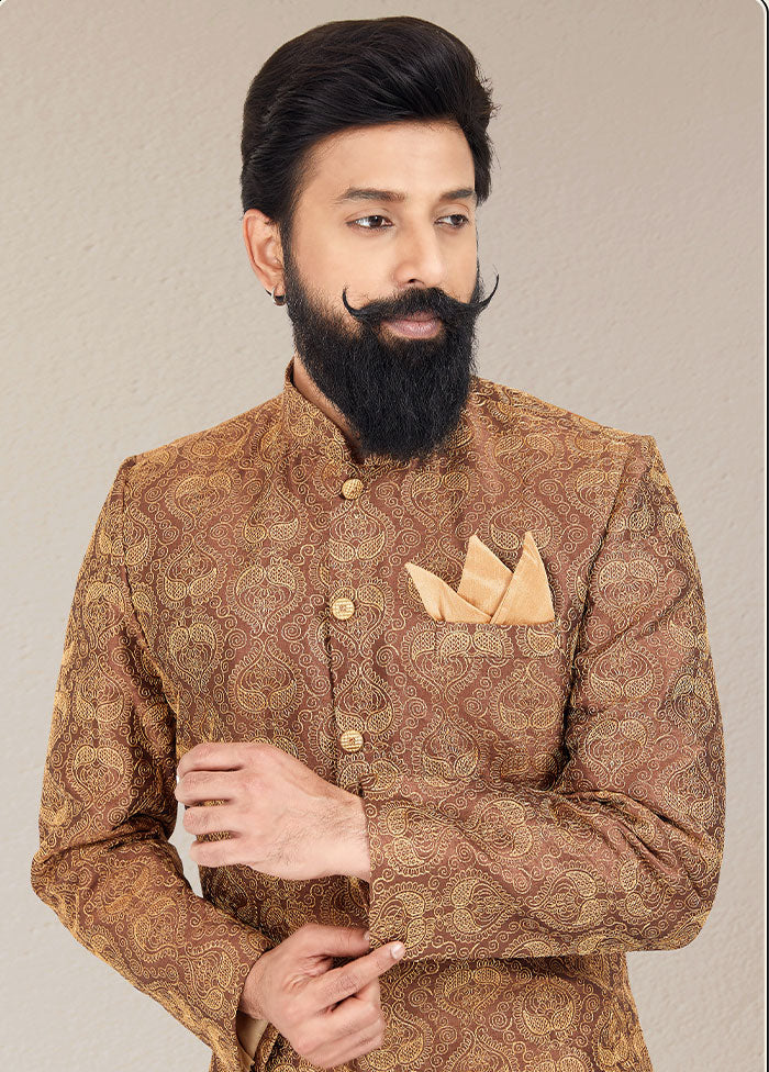 2 Pc Brown Dupion Silk Kurta And Pajama Set - Indian Silk House Agencies