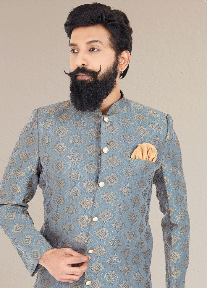 2 Pc Greyish Blue Dupion Silk Kurta And Pajama Set - Indian Silk House Agencies