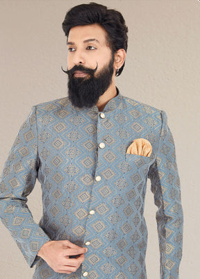 2 Pc Greyish Blue Dupion Silk Kurta And Pajama Set - Indian Silk House Agencies