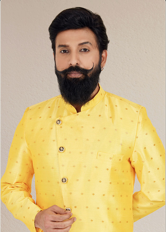 2 Pc Yellow Dupion Silk Kurta And Pajama Set - Indian Silk House Agencies