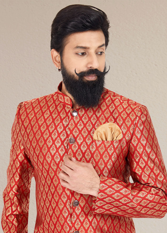 2 Pc Red Dupion Silk Kurta And Pajama Set - Indian Silk House Agencies