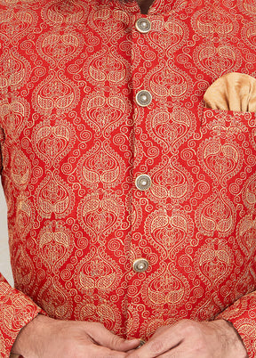 2 Pc Red Dupion Silk Kurta And Pajama Set - Indian Silk House Agencies