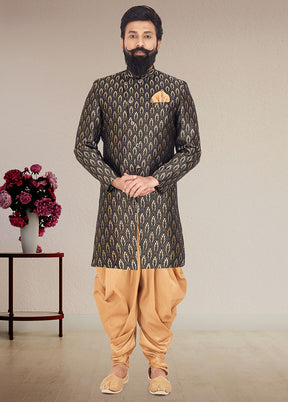 2 Pc Black Dupion Silk Kurta And Pajama Set - Indian Silk House Agencies
