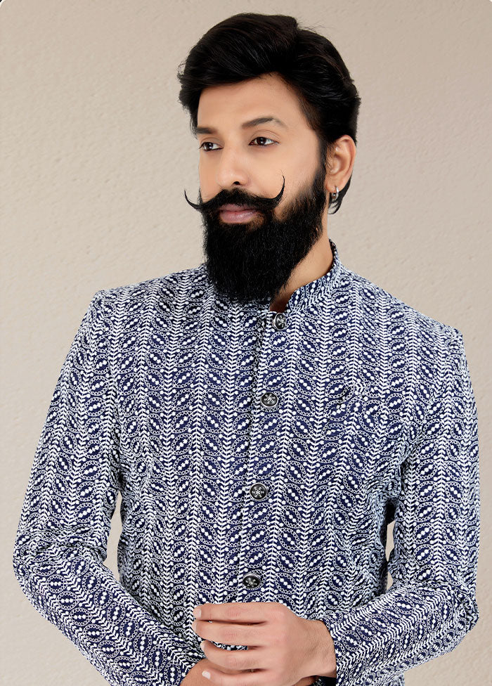 2 Pc Navy Blue Dupion Silk Kurta And Pajama Set - Indian Silk House Agencies