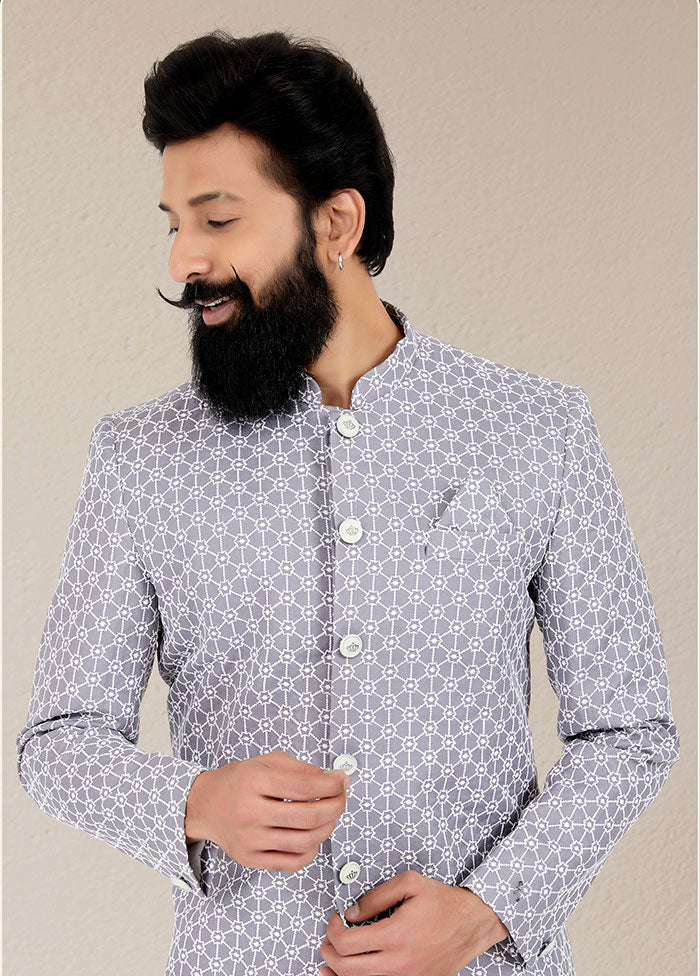 2 Pc Grayish Lavender Dupion Silk Kurta And Pajama Set - Indian Silk House Agencies
