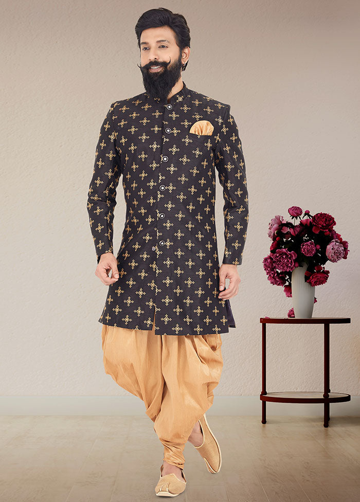 2 Pc Black Dupion Silk Kurta And Pajama Set - Indian Silk House Agencies