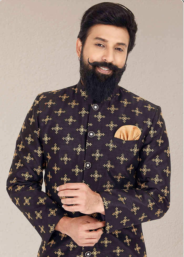 2 Pc Black Dupion Silk Kurta And Pajama Set - Indian Silk House Agencies