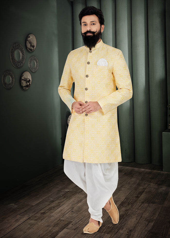 2 Pc Yellow Dupion Silk Kurta And Pajama Set - Indian Silk House Agencies