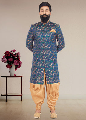 2 Pc Blue Dupion Silk Kurta And Pajama Set - Indian Silk House Agencies