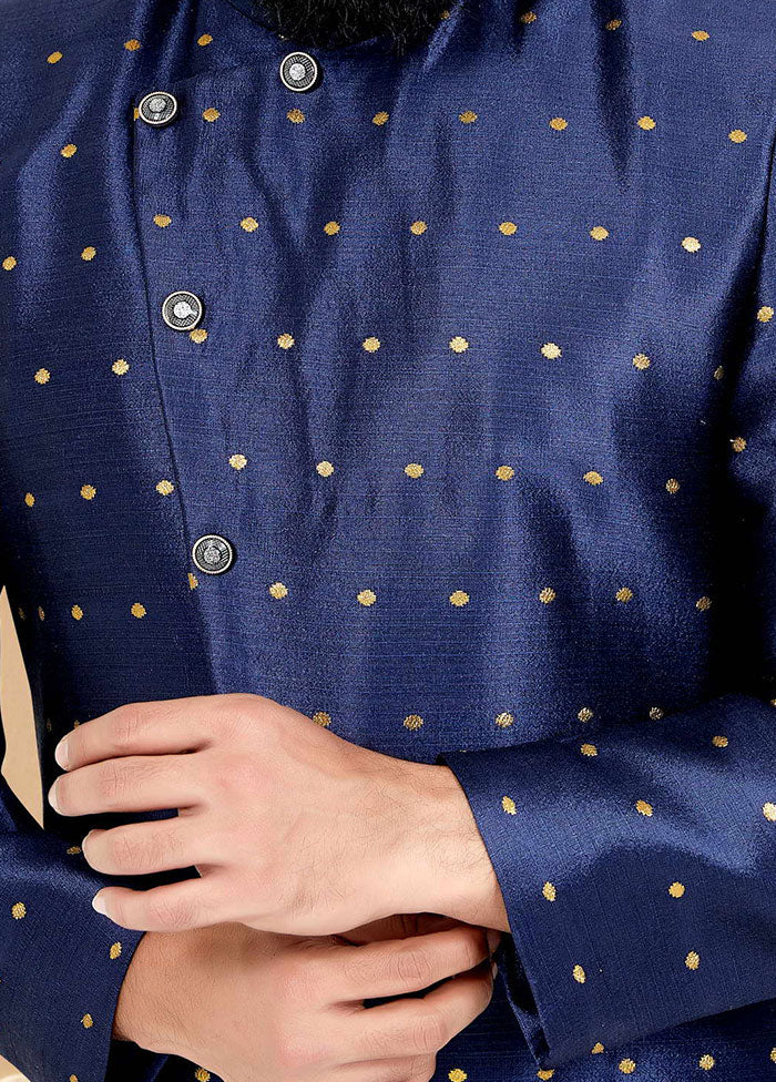 2 Pc Navy Blue Dupion Silk Kurta And Pajama Set - Indian Silk House Agencies
