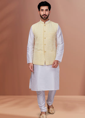 3 Pc White Dupion Silk Ethnic Wear Set - Indian Silk House Agencies