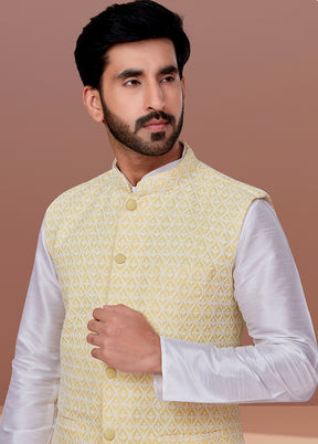 3 Pc White Dupion Silk Ethnic Wear Set - Indian Silk House Agencies