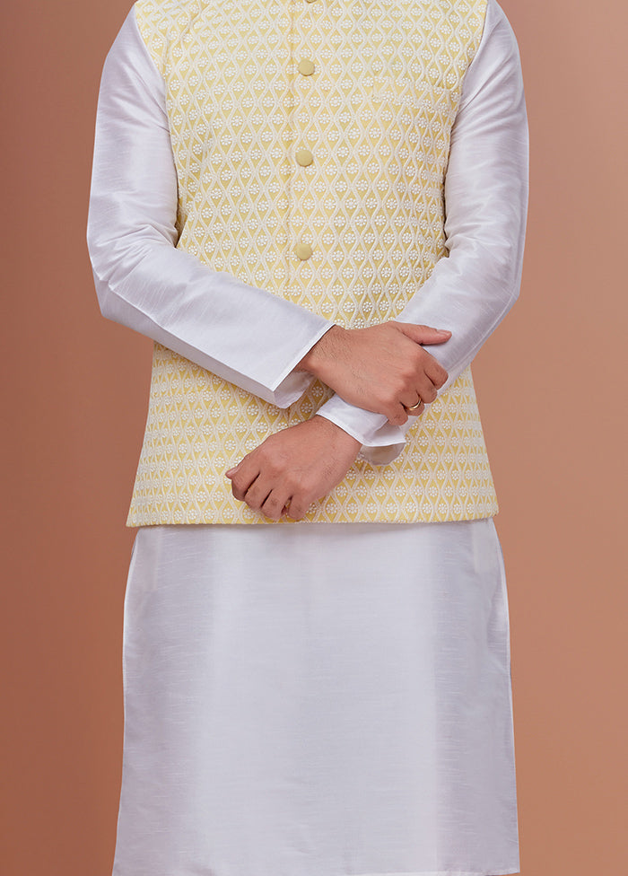 3 Pc White Dupion Silk Ethnic Wear Set - Indian Silk House Agencies