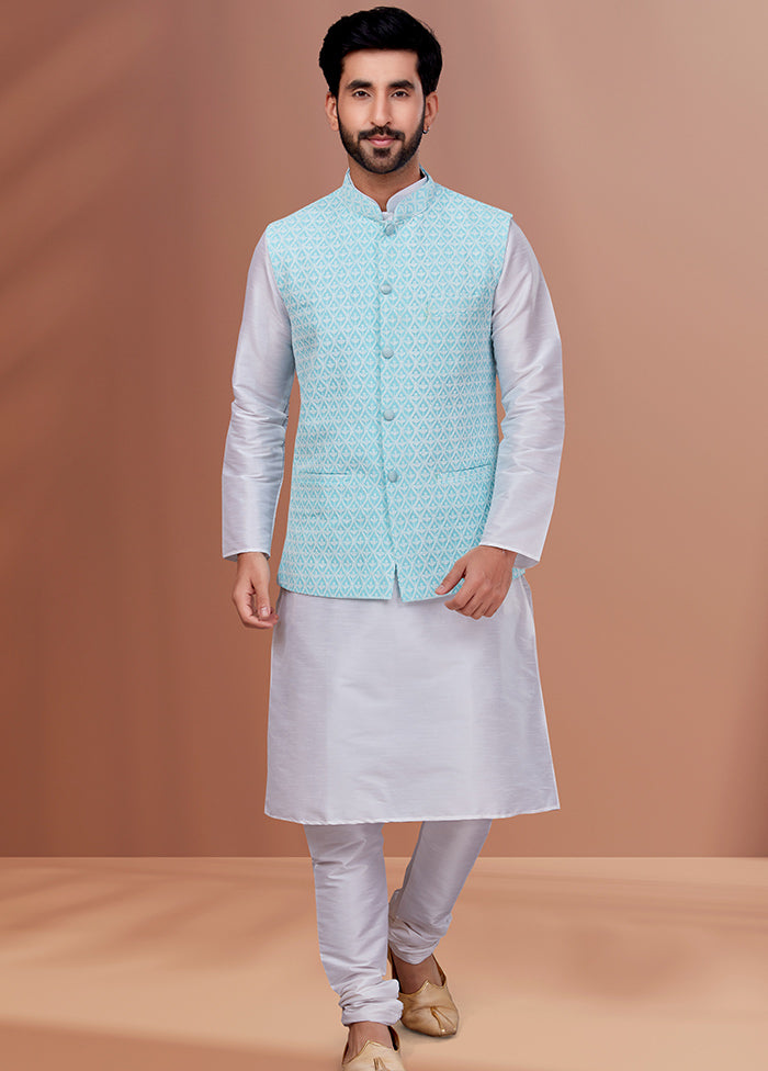 3 Pc White Dupion Silk Ethnic Wear Set - Indian Silk House Agencies