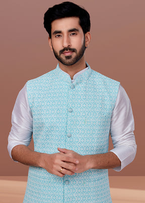 3 Pc White Dupion Silk Ethnic Wear Set - Indian Silk House Agencies