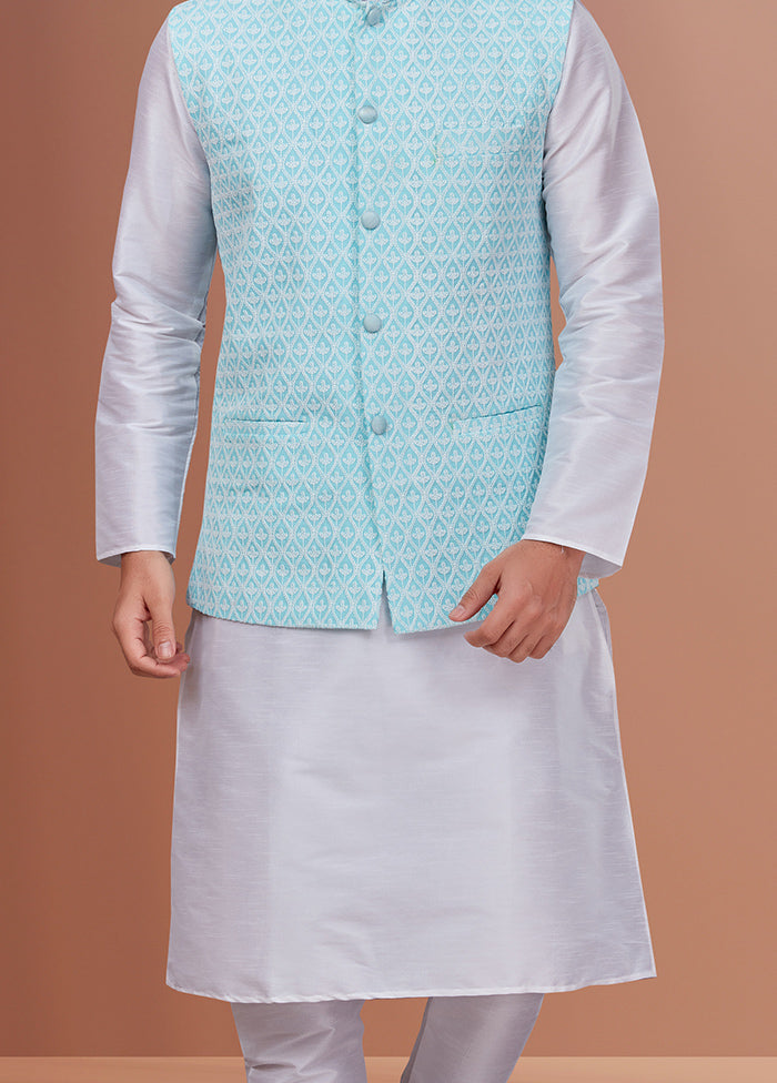 3 Pc White Dupion Silk Ethnic Wear Set - Indian Silk House Agencies