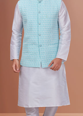 3 Pc White Dupion Silk Ethnic Wear Set - Indian Silk House Agencies