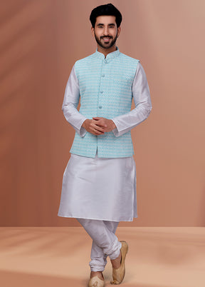 3 Pc White Dupion Silk Ethnic Wear Set - Indian Silk House Agencies