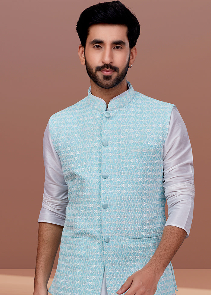 3 Pc White Dupion Silk Ethnic Wear Set - Indian Silk House Agencies