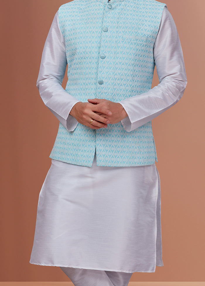 3 Pc White Dupion Silk Ethnic Wear Set - Indian Silk House Agencies