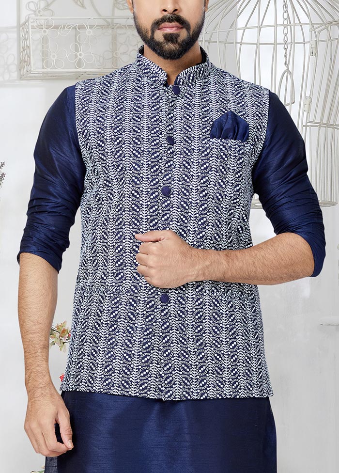 3 Pc Navy Blue Dupion Silk Ethnic Wear - Indian Silk House Agencies