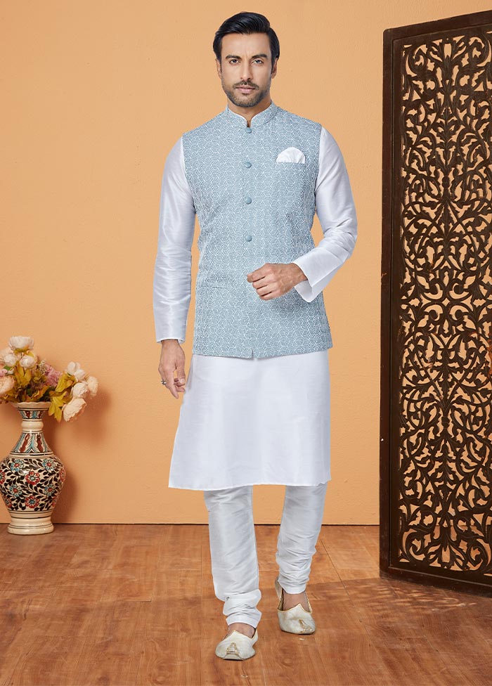 3 Pc White Dupion Silk Ethnic Wear - Indian Silk House Agencies