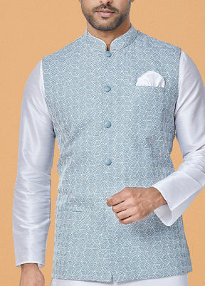 3 Pc White Dupion Silk Ethnic Wear - Indian Silk House Agencies