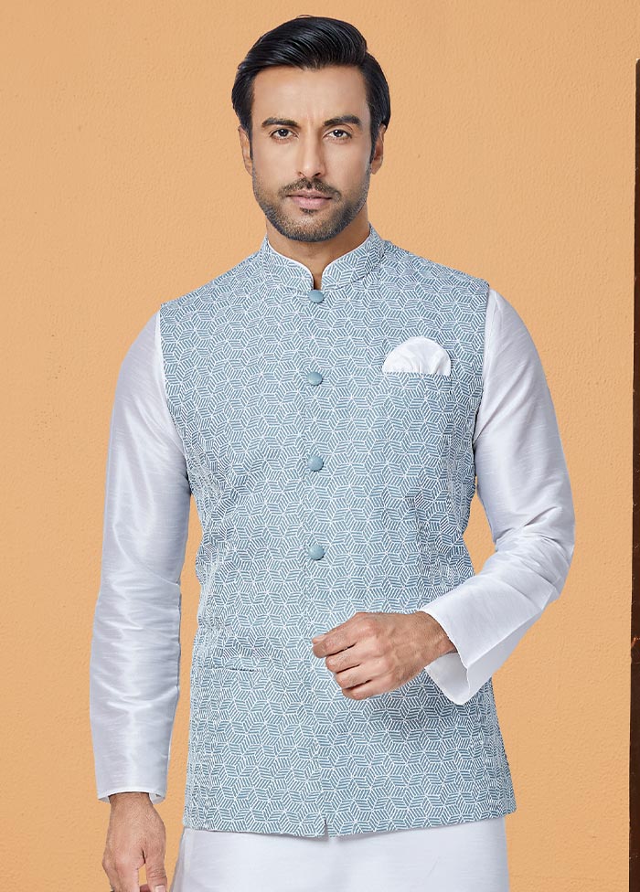 3 Pc White Dupion Silk Ethnic Wear - Indian Silk House Agencies