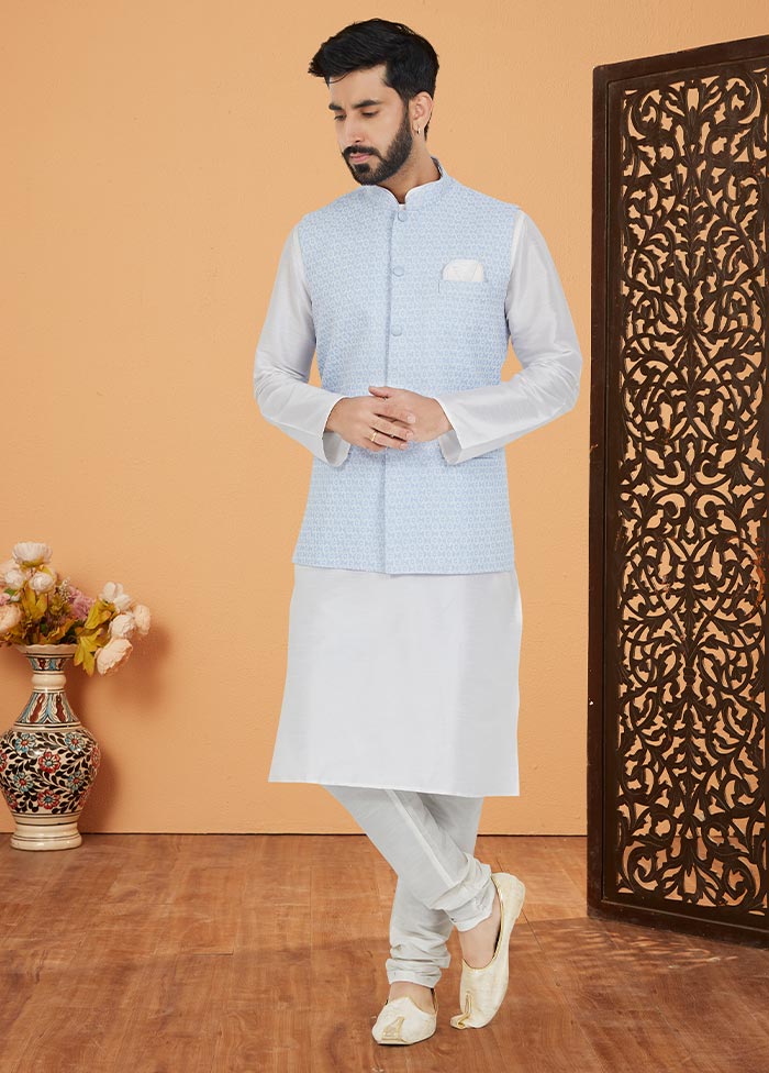 3 Pc White Dupion Silk Ethnic Wear - Indian Silk House Agencies
