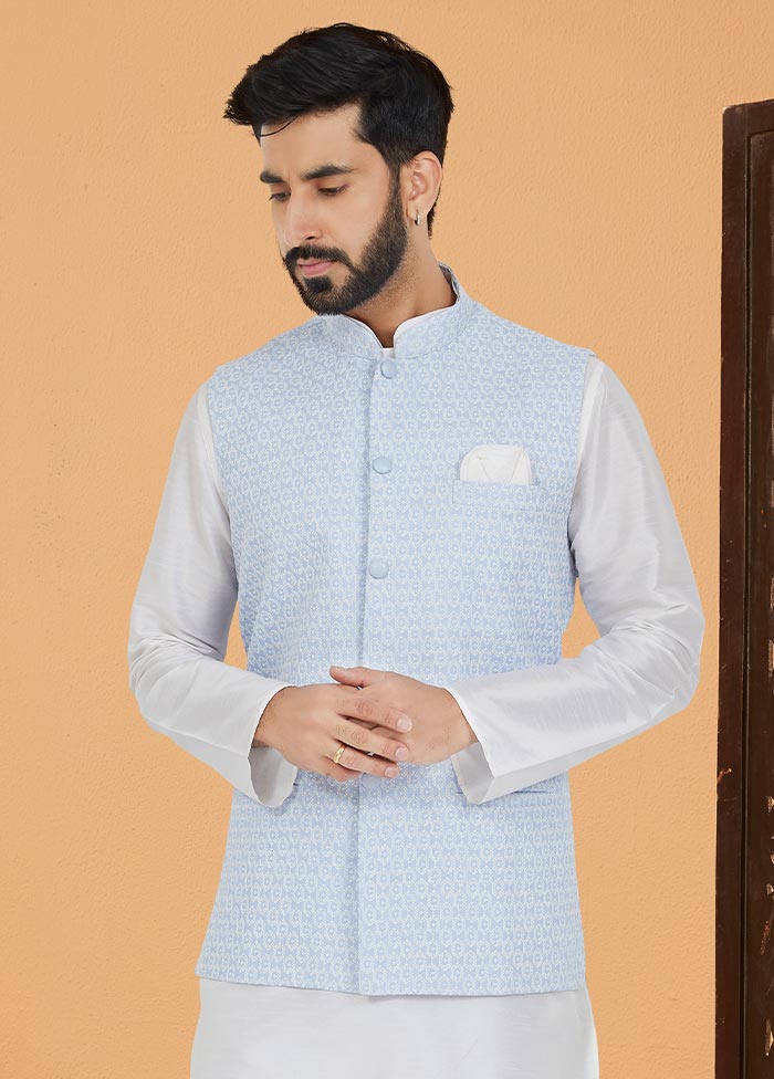 3 Pc White Dupion Silk Ethnic Wear - Indian Silk House Agencies