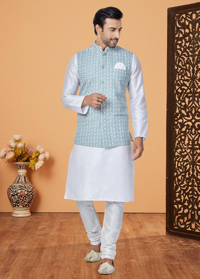 3 Pc White Dupion Silk Ethnic Wear - Indian Silk House Agencies