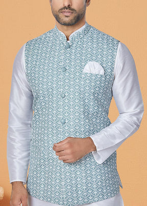 3 Pc White Dupion Silk Ethnic Wear - Indian Silk House Agencies