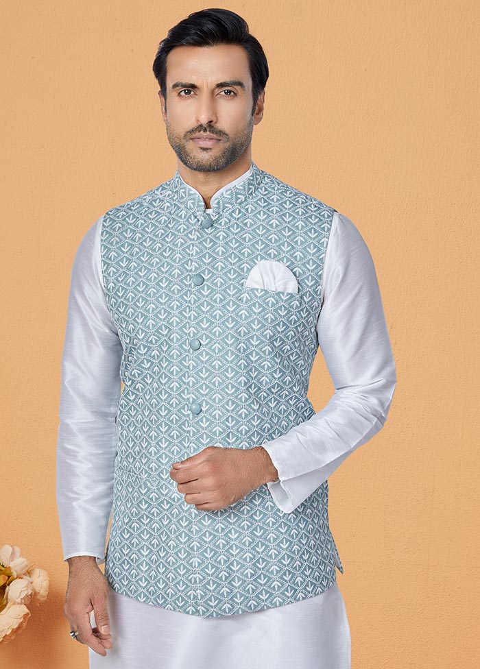 3 Pc White Dupion Silk Ethnic Wear - Indian Silk House Agencies