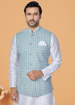 3 Pc White Dupion Silk Ethnic Wear - Indian Silk House Agencies