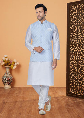 3 Pc White Dupion Silk Ethnic Wear - Indian Silk House Agencies