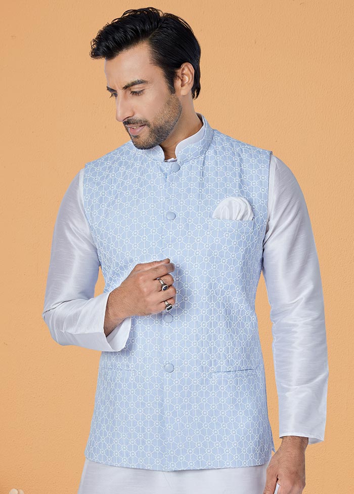 3 Pc White Dupion Silk Ethnic Wear - Indian Silk House Agencies