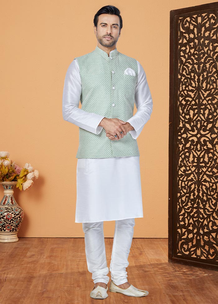 3 Pc White Dupion Silk Ethnic Wear - Indian Silk House Agencies