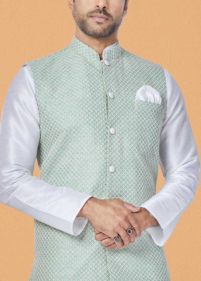 3 Pc White Dupion Silk Ethnic Wear - Indian Silk House Agencies