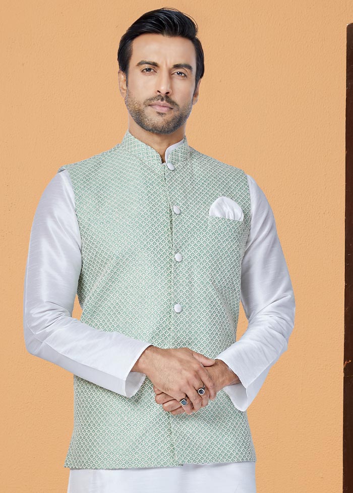 3 Pc White Dupion Silk Ethnic Wear - Indian Silk House Agencies