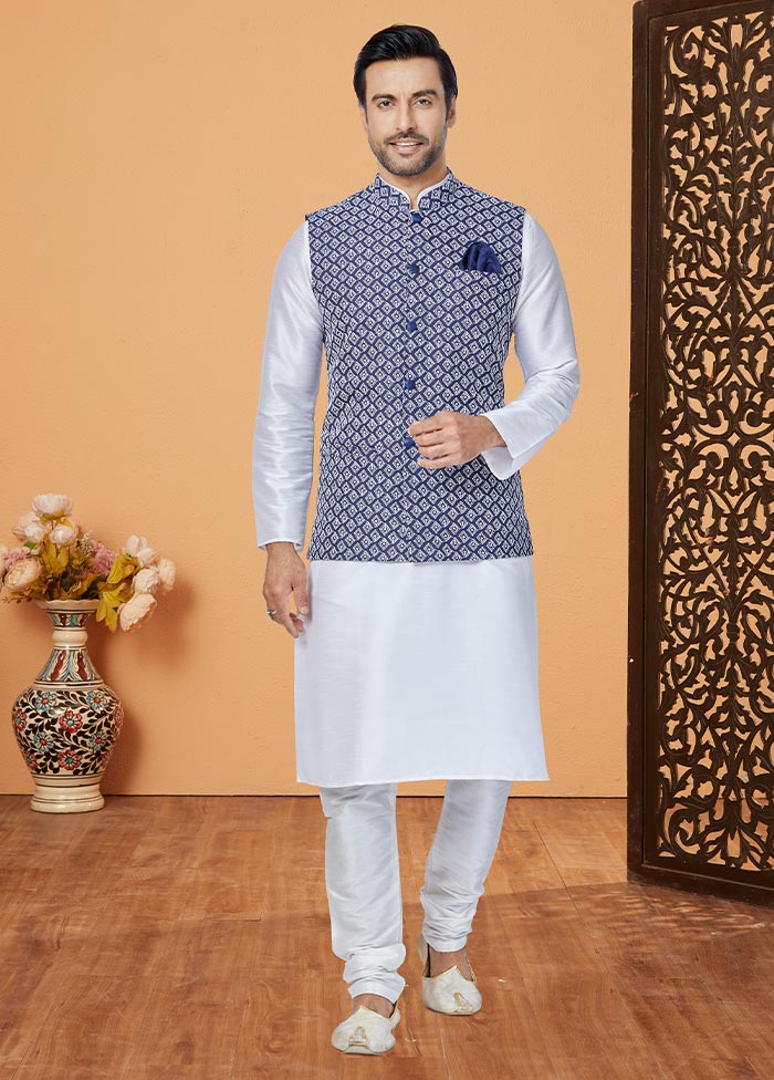 3 Pc White Dupion Silk Ethnic Wear - Indian Silk House Agencies