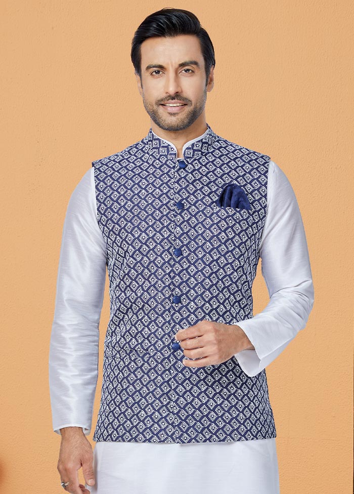 3 Pc White Dupion Silk Ethnic Wear - Indian Silk House Agencies