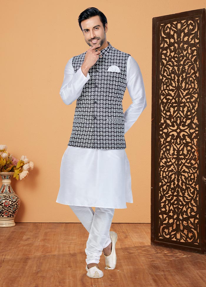 3 Pc White Dupion Silk Ethnic Wear - Indian Silk House Agencies