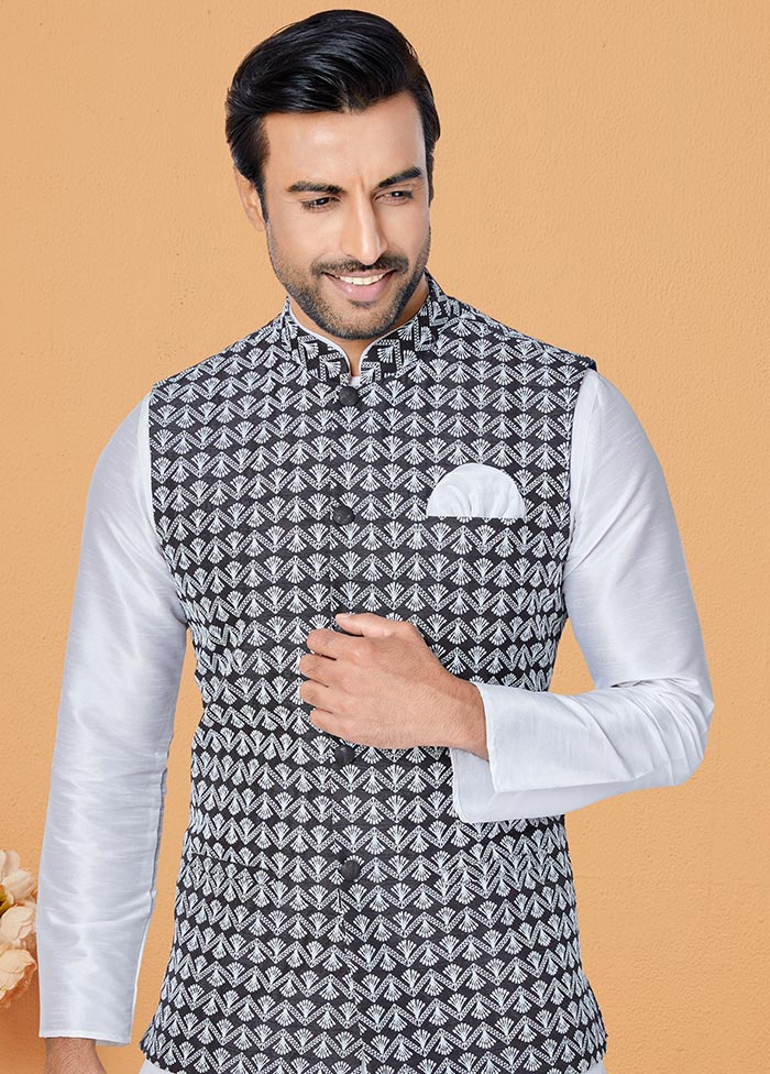 3 Pc White Dupion Silk Ethnic Wear - Indian Silk House Agencies