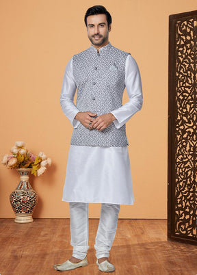 3 Pc White Dupion Silk Ethnic Wear - Indian Silk House Agencies
