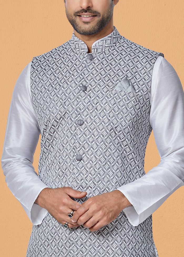 3 Pc White Dupion Silk Ethnic Wear - Indian Silk House Agencies