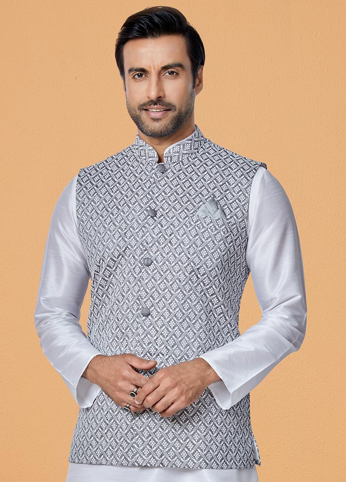 3 Pc White Dupion Silk Ethnic Wear - Indian Silk House Agencies