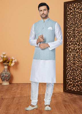 3 Pc White Dupion Silk Ethnic Wear - Indian Silk House Agencies